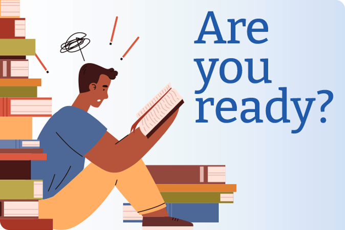 Illustration of man sitting against wall of books
