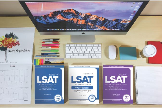 PowerScore LSAT books on desk