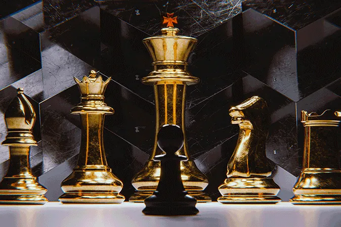 Black pawn chess piece standing in front of the king and his army