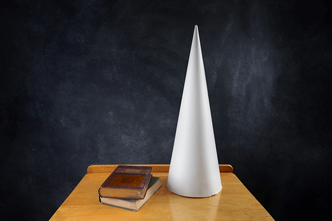 Dunce cap sitting on a school desk with books