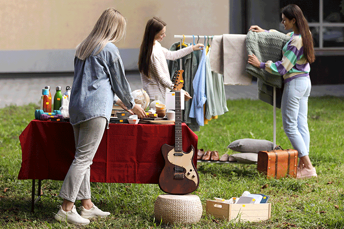 Three young woman looking at items at a yard sale