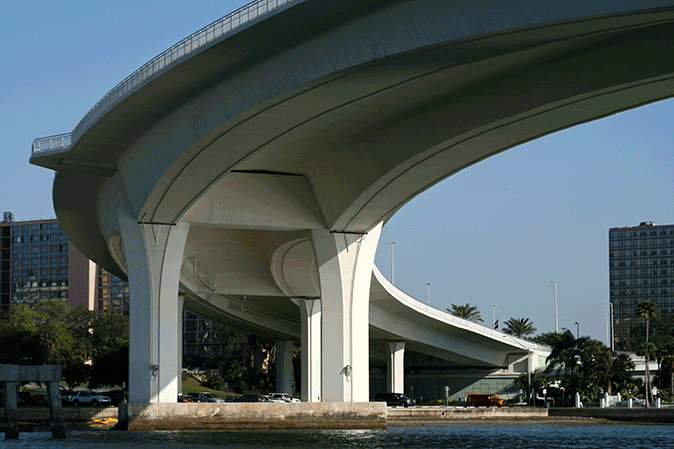 Curved bridge support for a highway in Florida