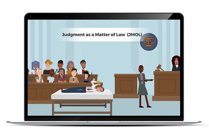 Laptop showing an example of a Foundations episode with a courtroom scene