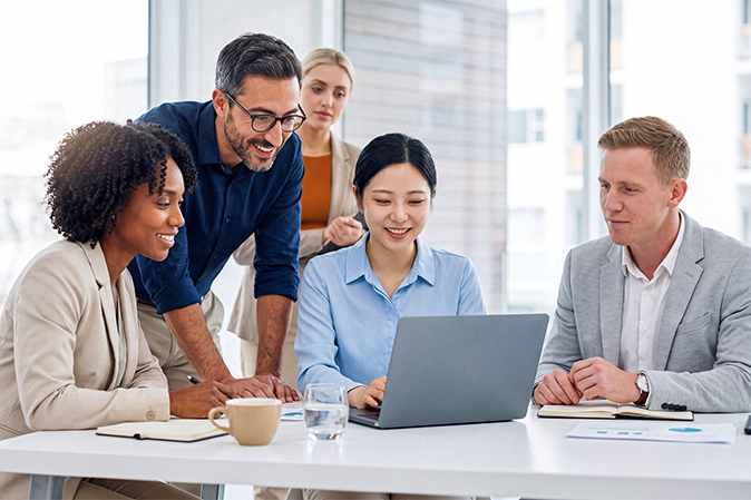 Five multi-racial professionals working together on a laptop in an office