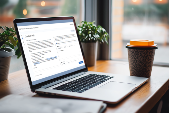 Laptop sitting on a table with a cup of coffee showing a NextGen question set