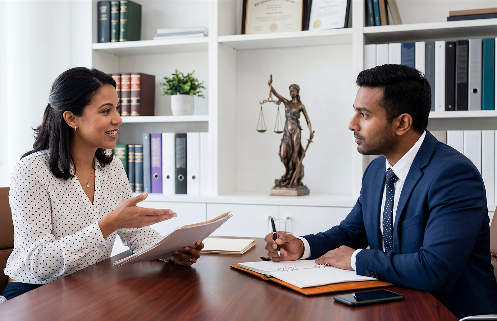 Young woman consulting with a young man who is taking notes in an office
