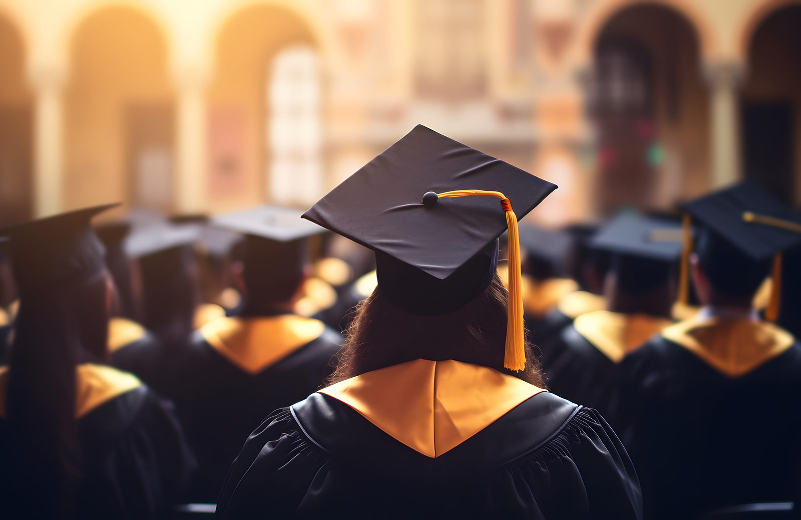 The back view of a young woman graduate with a bunch of other graduates