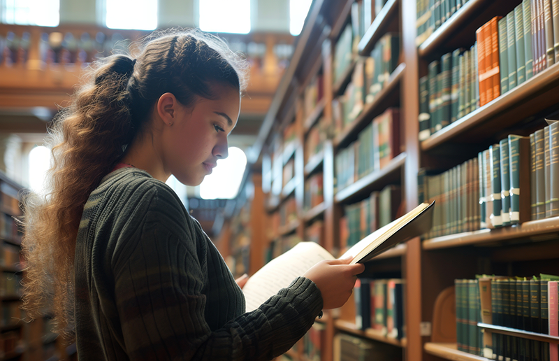 Young woman in a library reading a book