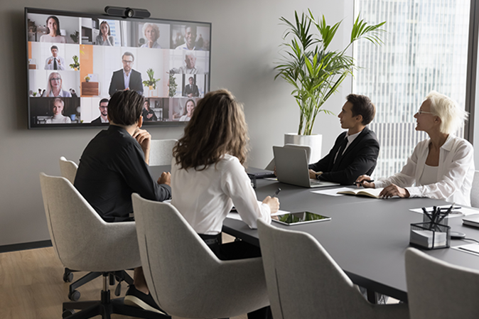 Worldwide communication by business using video conference application. Staff members engaged in virtual meeting event with partners, investors or international colleagues. Briefing, app, modern tech