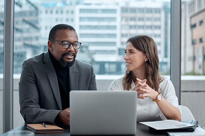 Professional senior man having a meeting in an office in front of a laptop with a young professional woman