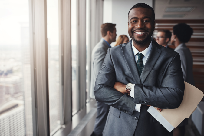 Young professional man holding a file of documents smiling at camera