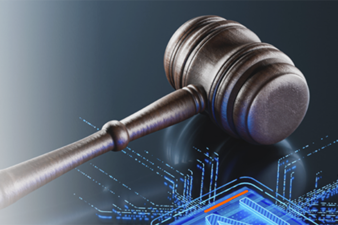 Judge's gavel above a computerized rendering of the words AI