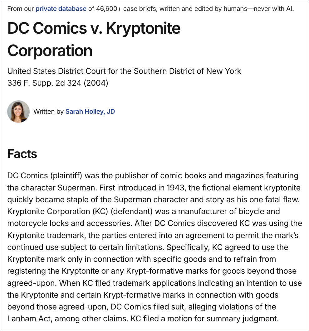 Screenshot of the DC Comics vs Kryptonite case brief