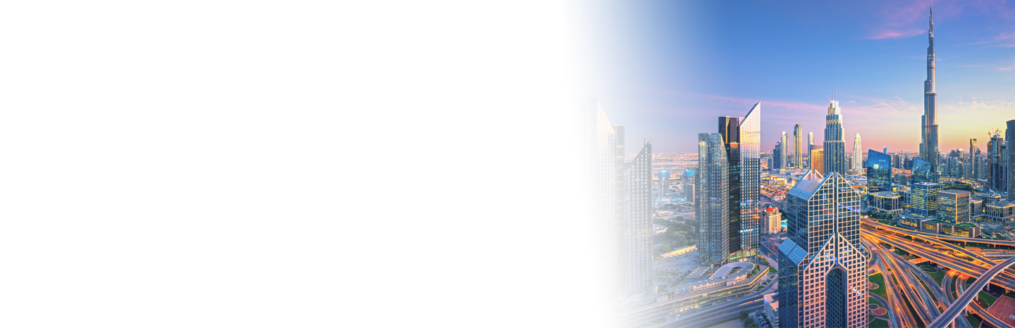 Image of city skyline featuring the Burj Khalifa and surrounding skyscrapers.