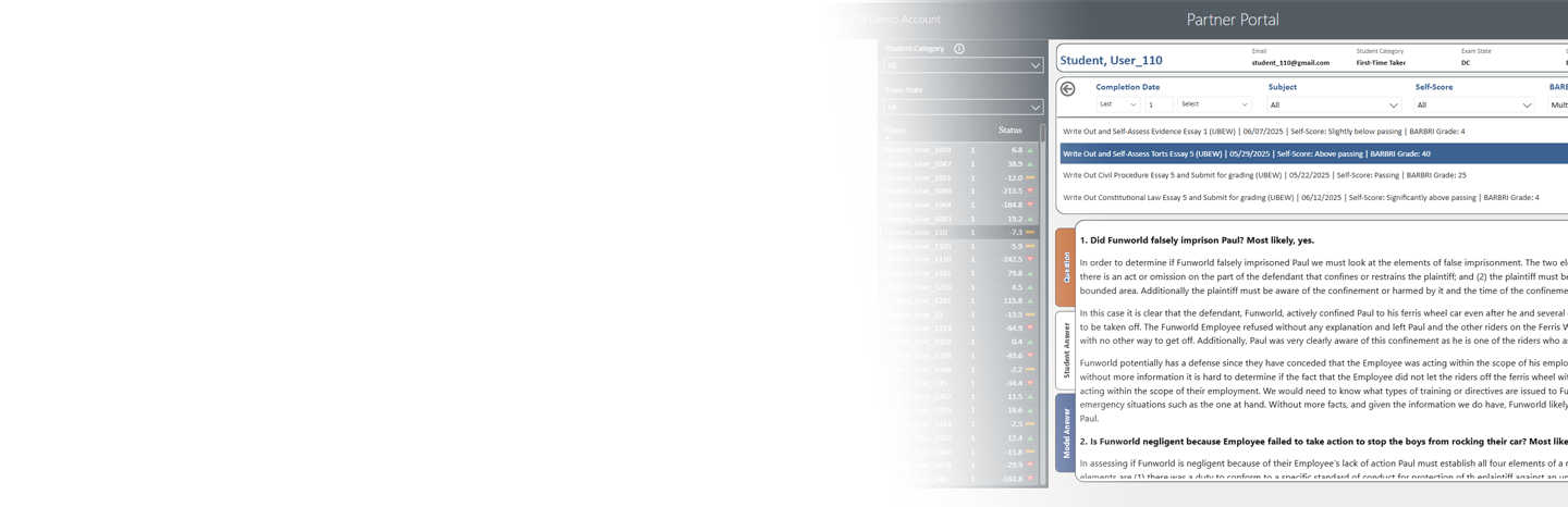 Screenshot of the BARBRI Partner Portal showing a question and answer example