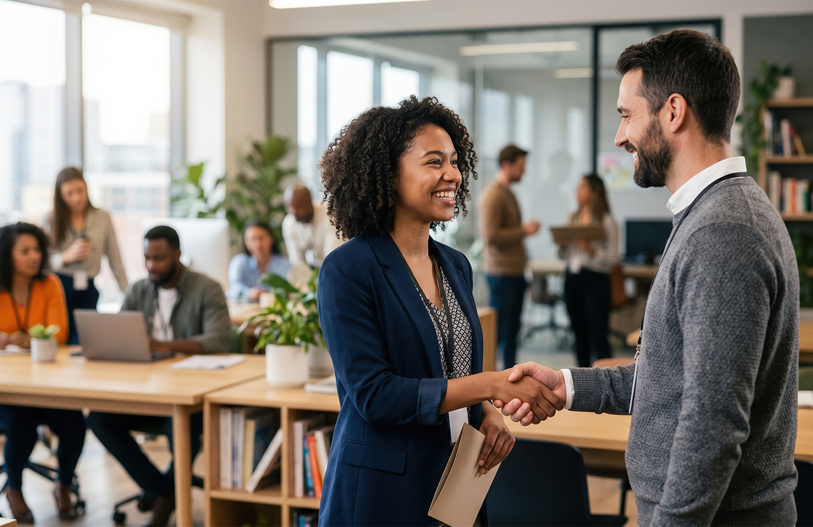 Young man and woman shaking hands in a room with colleagues