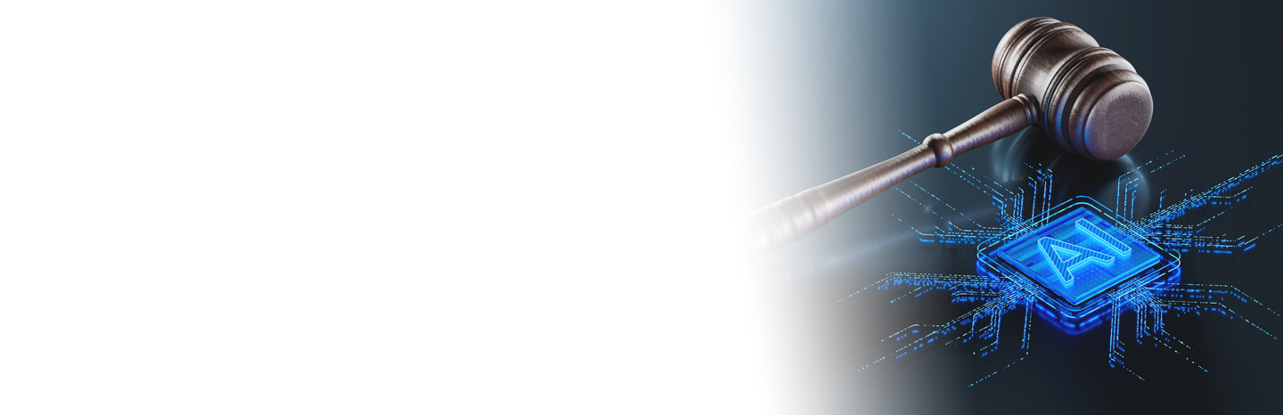 Image of a judge's gavel with the symbol for AI underneath it