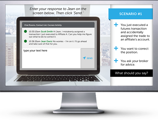 Computer monitor showing a laptop with a chat session for a specific scenario example