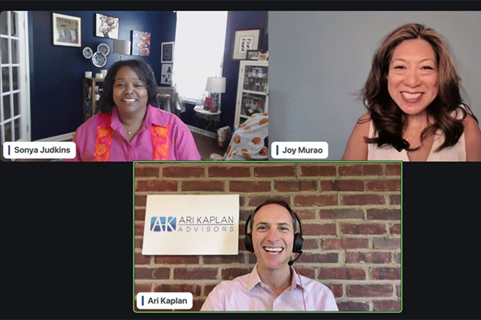Screenshot of a video conference with Sonya Judkins, Joy Murao and Ari Kaplan