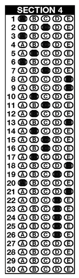 Image of a scantron test section with answers filled in
