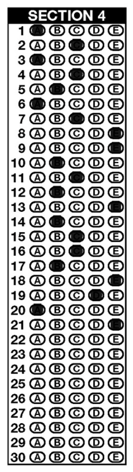 Image of a scantron test section with answers filled in