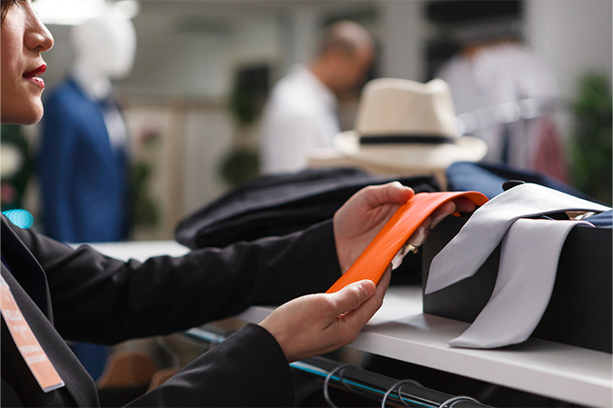 Young woman picking out an orange tie in a clothing store