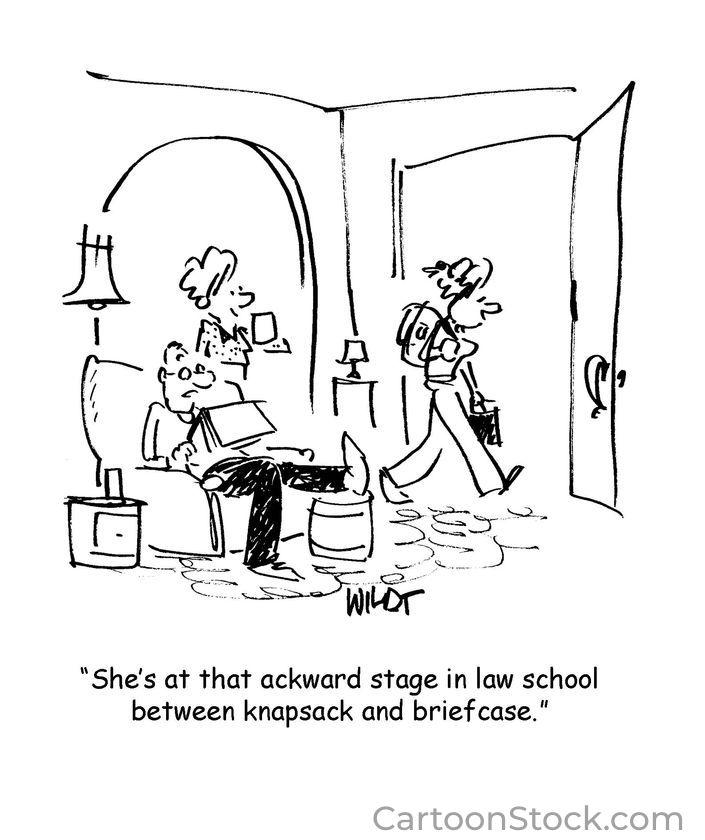 CartoonStock image about the awkward stage in law school between a knapsack and briefcase