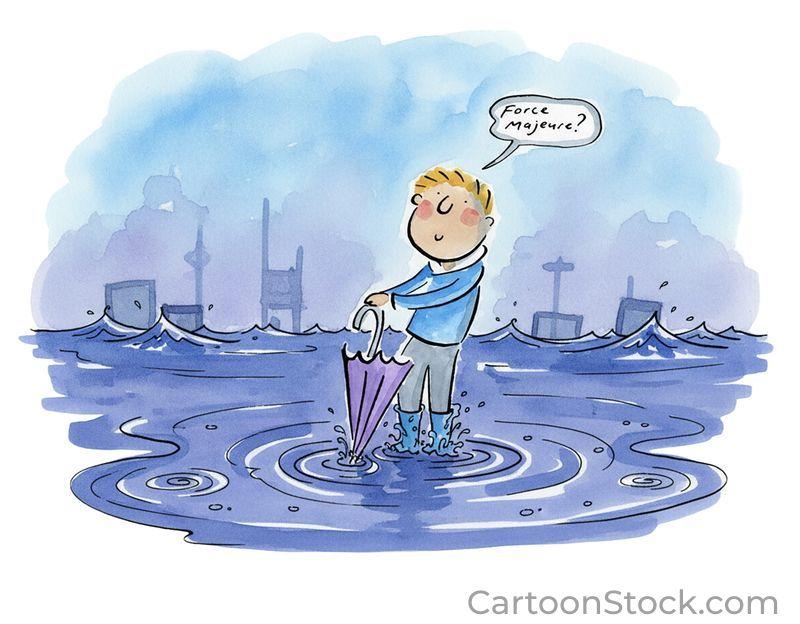 CartoonStock image showing a man with an umbrella in a puddle thinking Force Majeure?