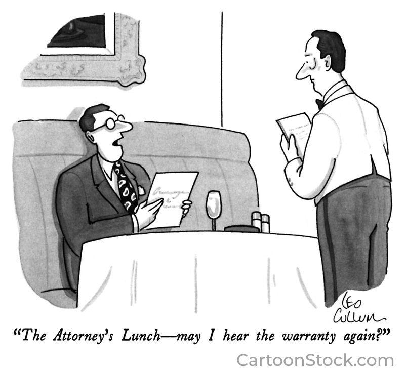 CartoonStock with a lawyer ordering dinner in a restaurant want to hear the warranty again