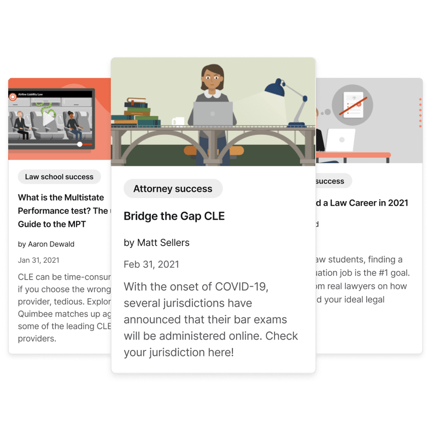 Article cards featuring legal education and professional development resources